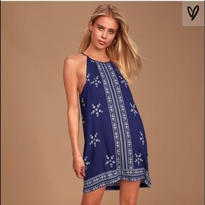 Mediterranean Sea Navy Blue Print Halter Dress